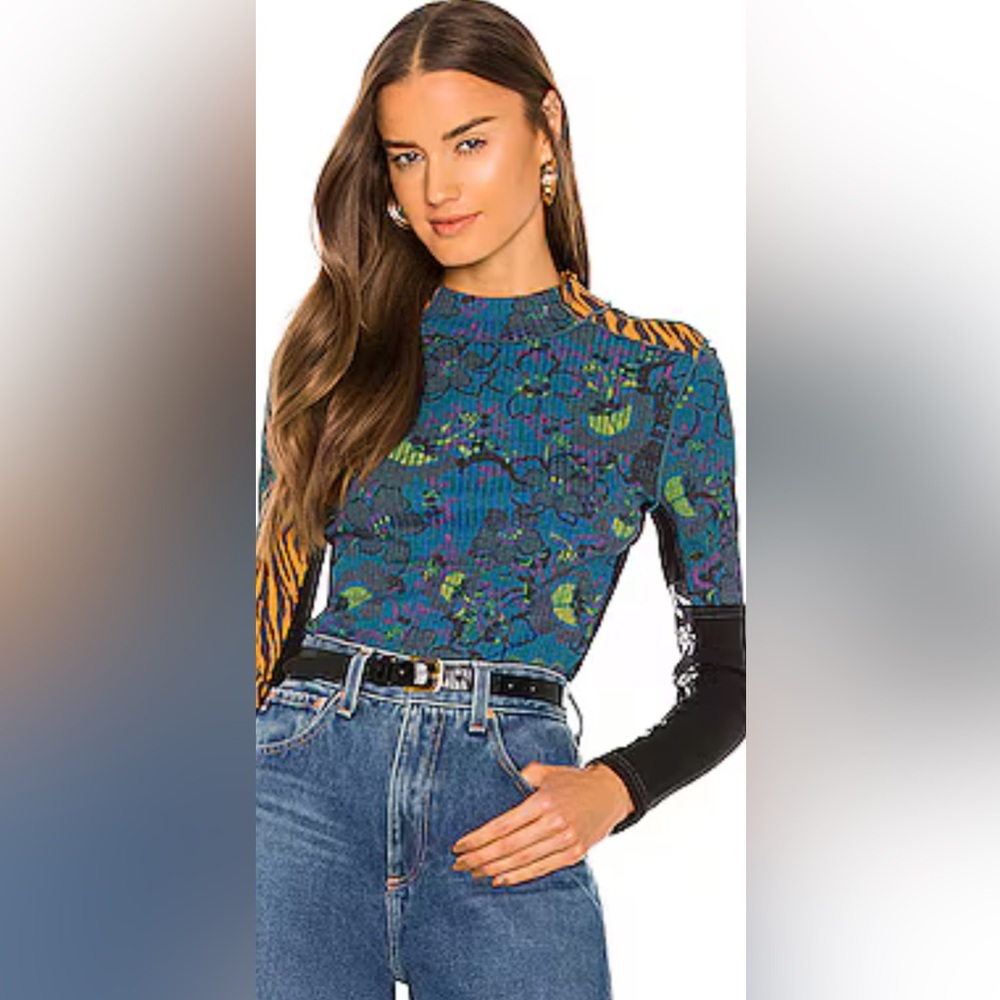 Free People Teal and Mustard Ribbed Top